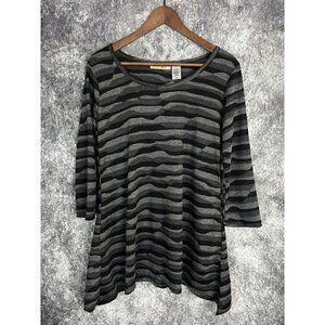 Davina Gray Long Sleeve Scoop Neck wavy striped Blouse Tunic Top Women's Medium